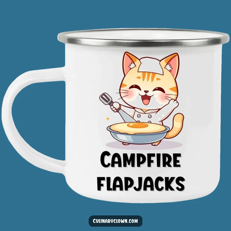 Funny Cat Chef Camping Mug: Pancake Flip Enamel Mug, Adventurous Feline Funny Gift