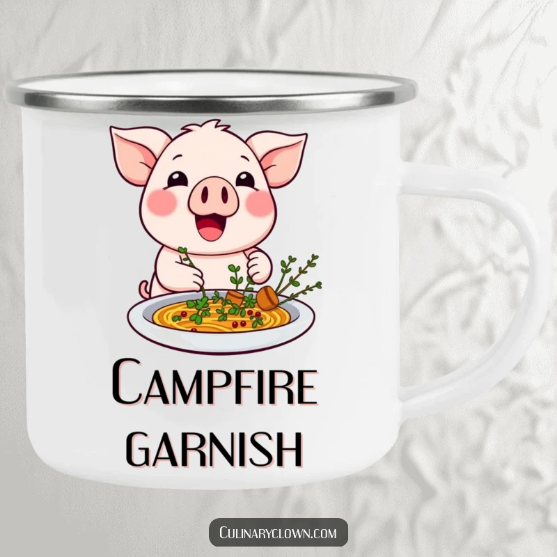 Funny kawaii pig character garnishing a dish with herbs on a durable camping mug, for outdoor chefs.