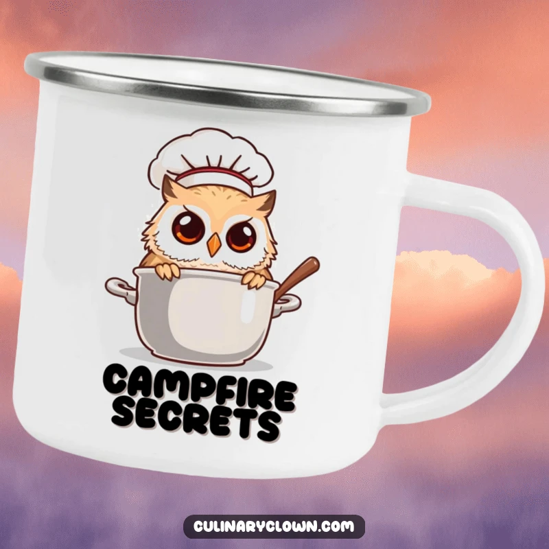 Funny owl chef peeking into a steaming pot, on a durable camping mug for mysterious outdoor culinary fun.