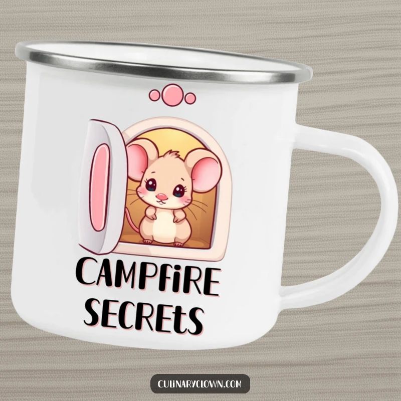 Funny camping mug featuring a curious mouse character peeking into an oven, ideal for inquisitive outdoor enthusiasts.