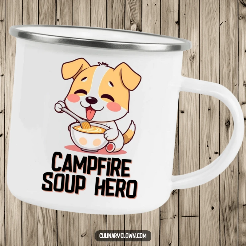 Funny camping mug featuring a dog character delightedly tasting soup, perfect for outdoor culinary enjoyment.