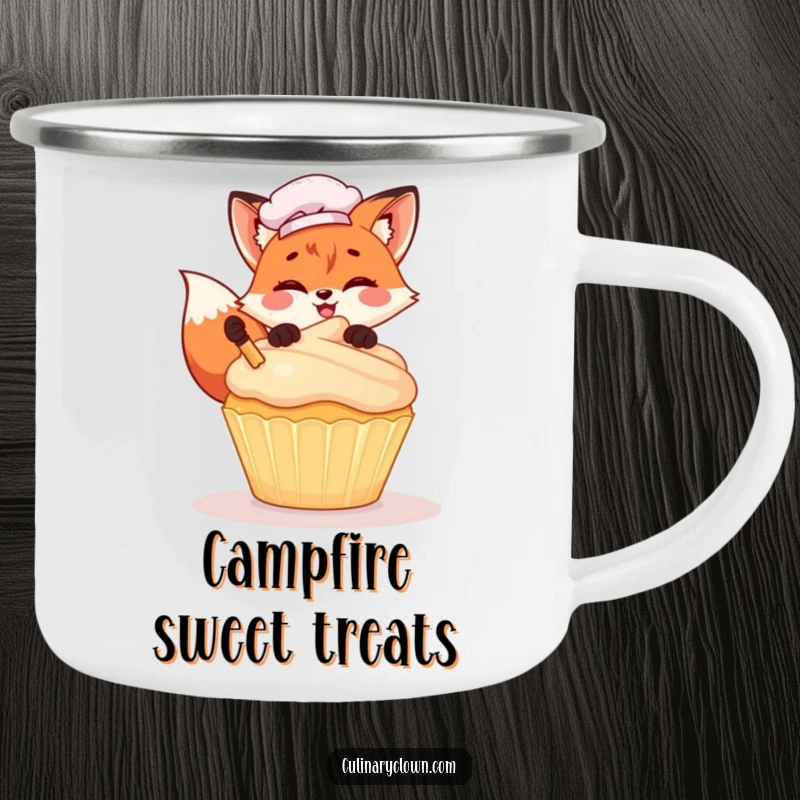 Funny Kawaii Fox Chef Camping Mug: Sturdy enamel mug with a cute cartoon fox chef decorating a cupcake, perfect for outdoor enjoyment.