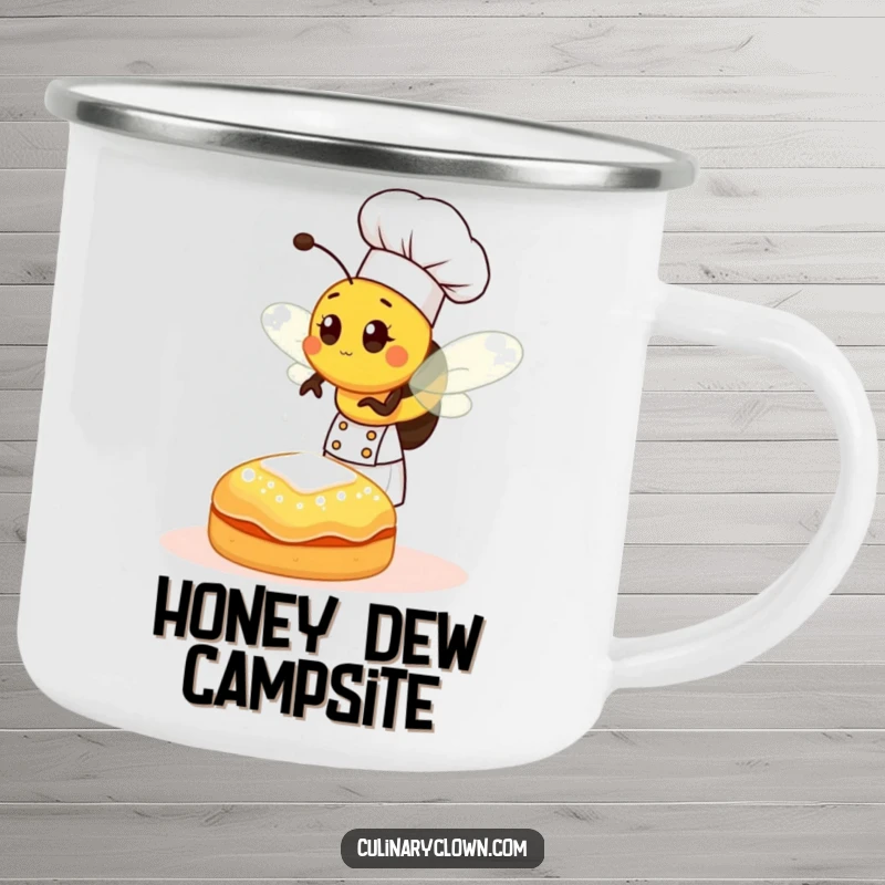 Funny bee chef sprinkling sugar onto a pastry, on a durable camping mug for sweet outdoor adventures.