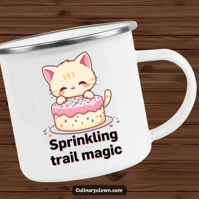Funny camping mug with a playful cat character decorating a cake with sprinkles, perfect for outdoor dessert lovers.