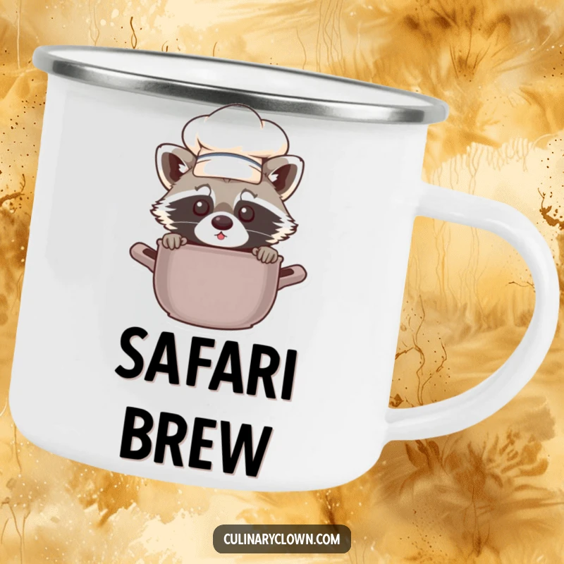 Funny chef raccoon peeking from a rugged camping mug, ideal for outdoor adventures and humorous gifts.