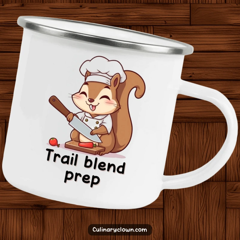Funny chef squirrel enthusiastically chopping, featured on a durable and humorous camping mug.