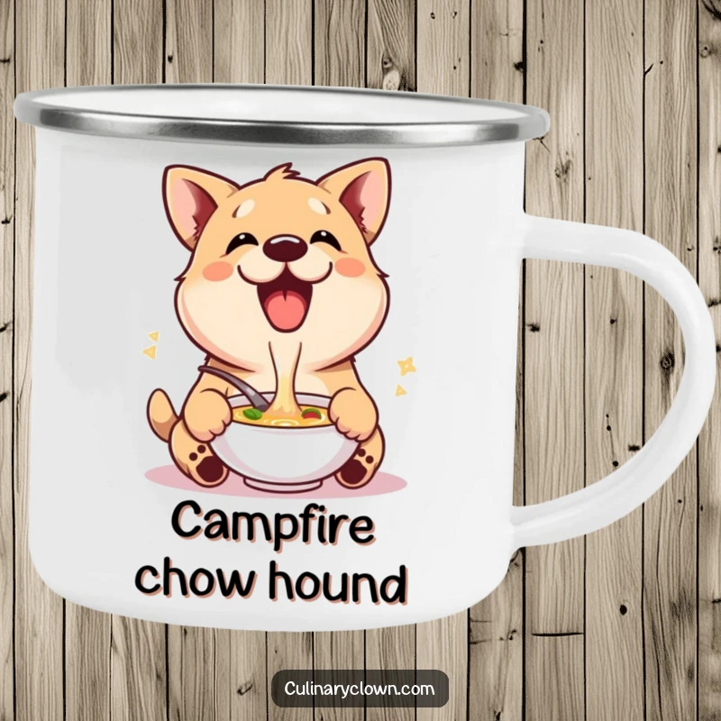 Funny camping mug featuring a delighted dog character enthusiastically tasting soup, ideal for pet-loving outdoor enthusiasts.