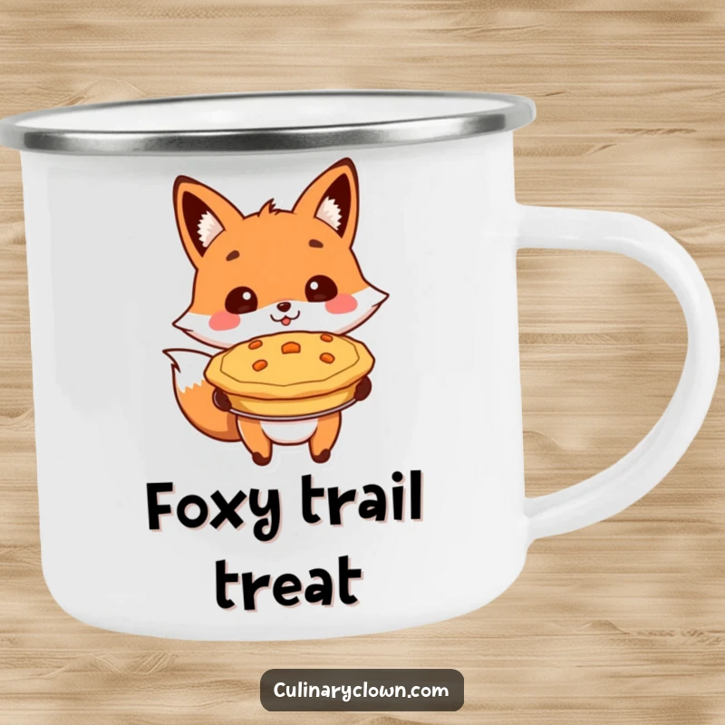 Funny camping mug with a cheerful fox character proudly presenting a baked pie, perfect for outdoor dessert lovers.