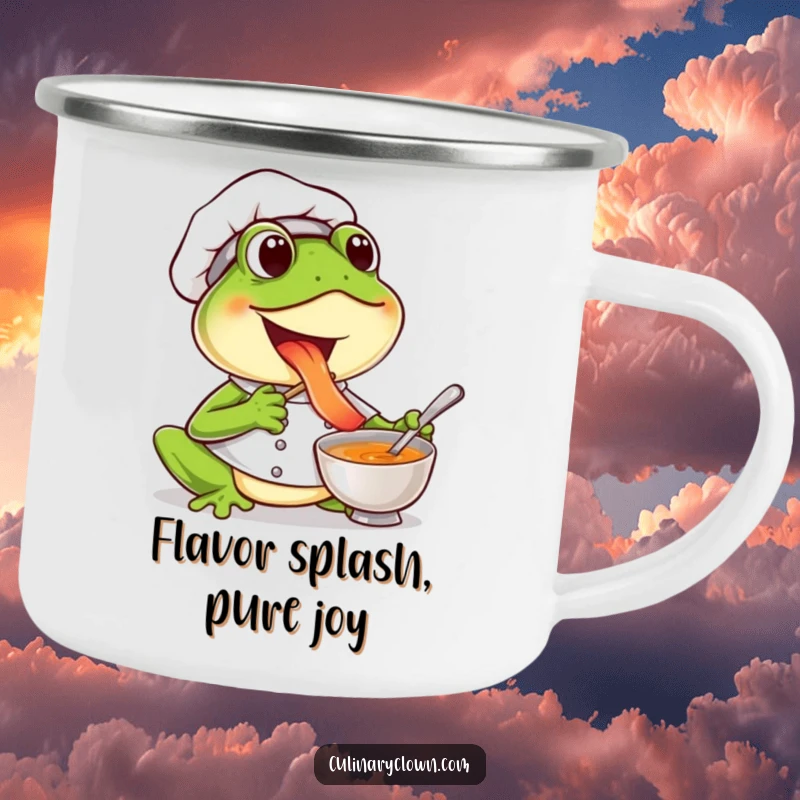 Funny frog chef camping mug with a joyful character tasting soup, perfect for outdoor enjoyment and happy vibes.