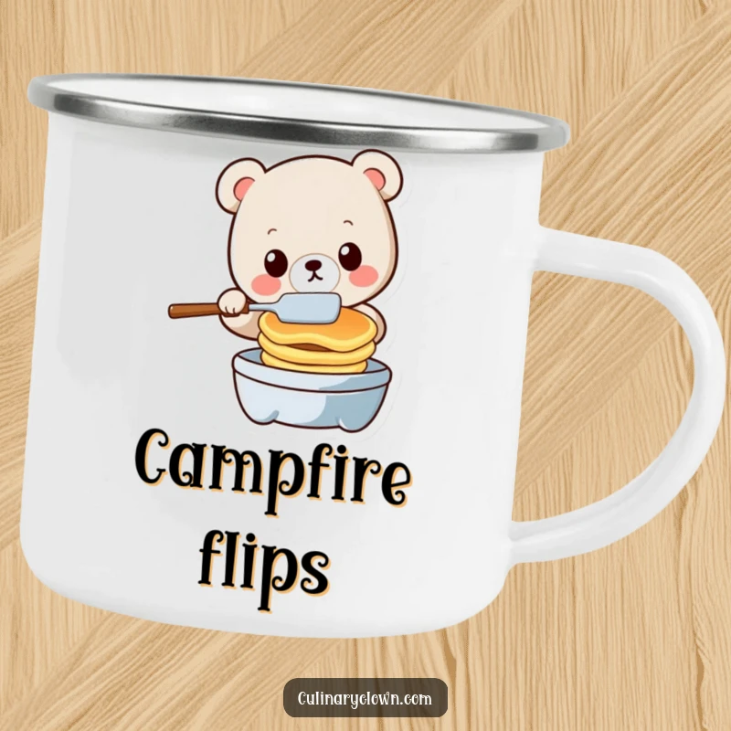 Funny kawaii bear character with camping gear, flipping pancakes precariously on a durable camping mug.