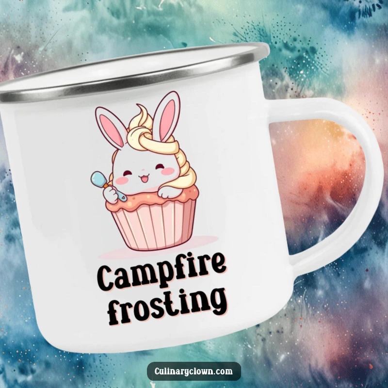 Funny kawaii bunny character frosting a cupcake on a durable camping mug, perfect for sweet moments outdoors.