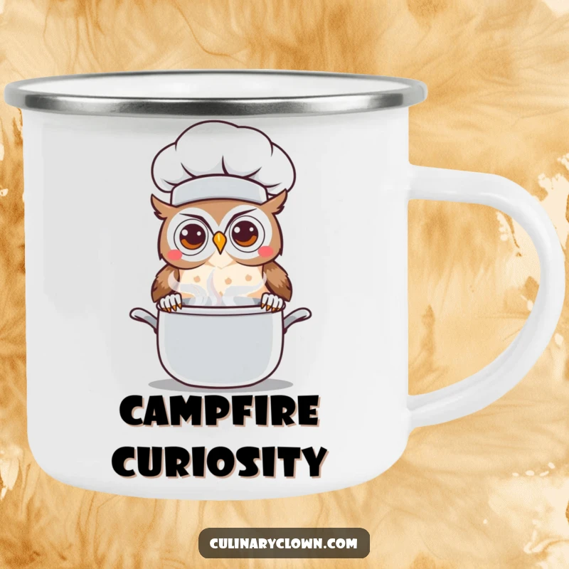 Funny Kawaii Owl Chef Camping Mug: Sturdy enamel mug with a cute cartoon owl chef peeking curiously over a steaming pot, perfect for outdoor use.