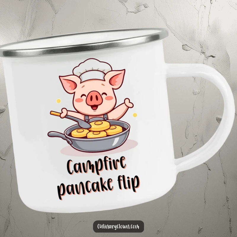 Funny Kawaii Pig Chef Camping Mug: Sturdy enamel mug with a cute cartoon pig chef happily flipping pancakes, perfect for outdoor enjoyment.