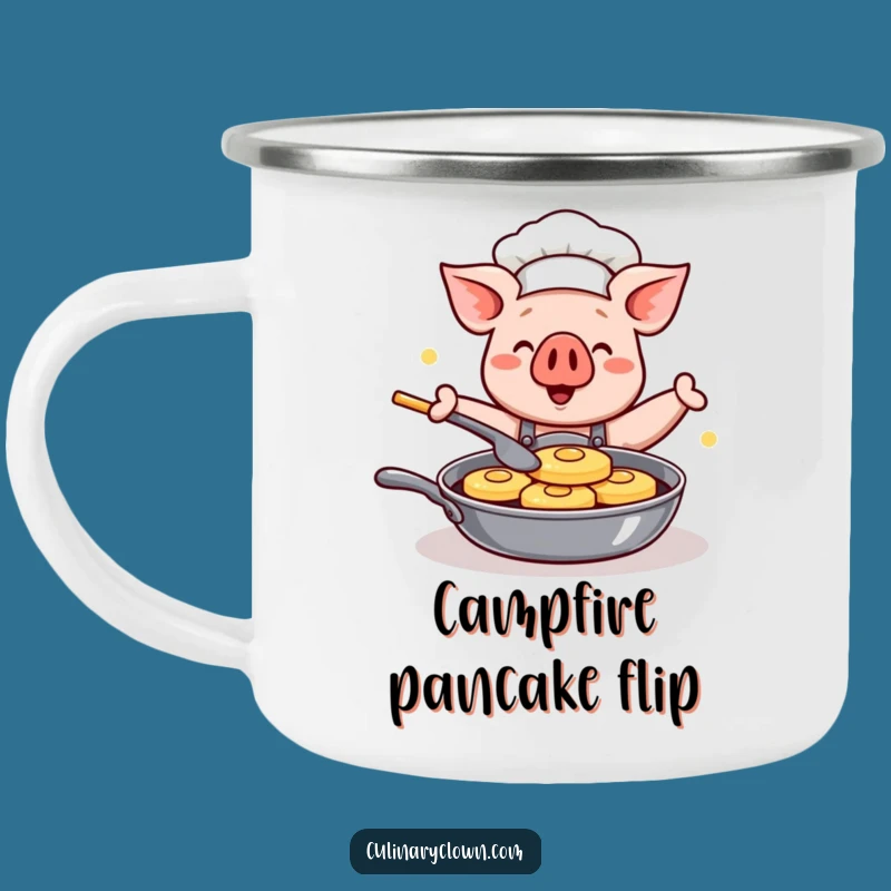 Funny Kawaii Pig Chef Camping Mug: Happy Pancake Flipping Enamel Cup, Ideal Funny Gift