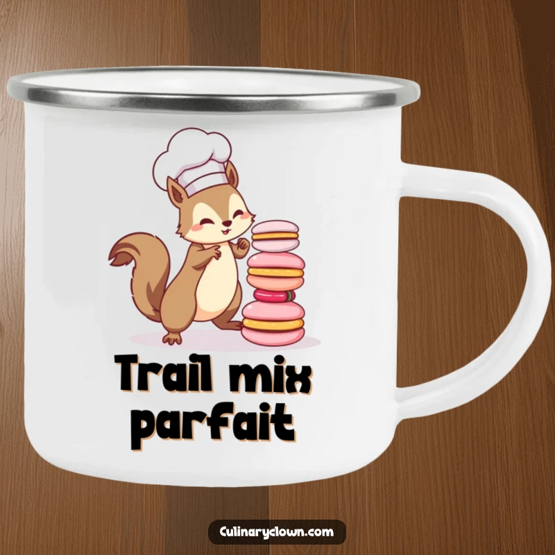 Funny kawaii squirrel chef with a chef hat, balancing macarons, on a rugged camping mug for outdoor use.