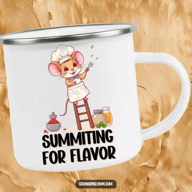 Funny mouse chef camping mug showing a brave mouse in chef attire, climbing a ladder to reach spice jars in an outdoor setting.