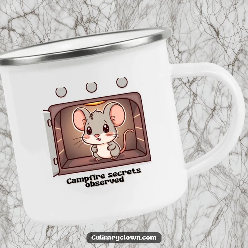 Funny camping mug with a mouse character curiously peeking into an oven, ideal for outdoor baking enthusiasts.
