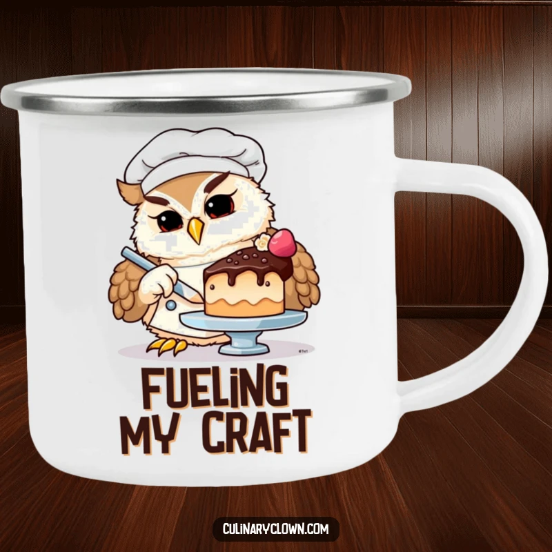 Funny owl chef camping mug showing a determined owl in chef attire, holding a tiny whisk, ready to bake outdoors.