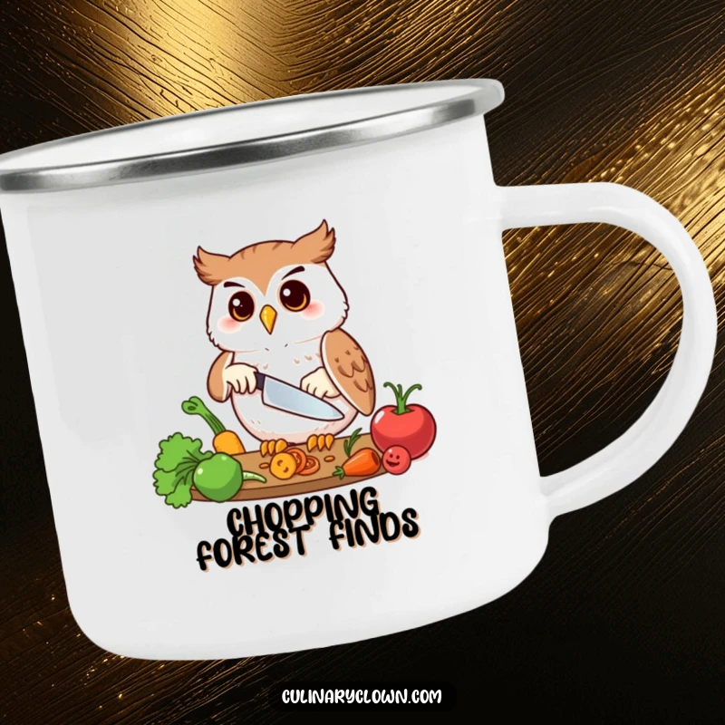 Funny camping mug with a happy owl character precisely chopping vegetables, perfect for outdoor culinary enthusiasts.