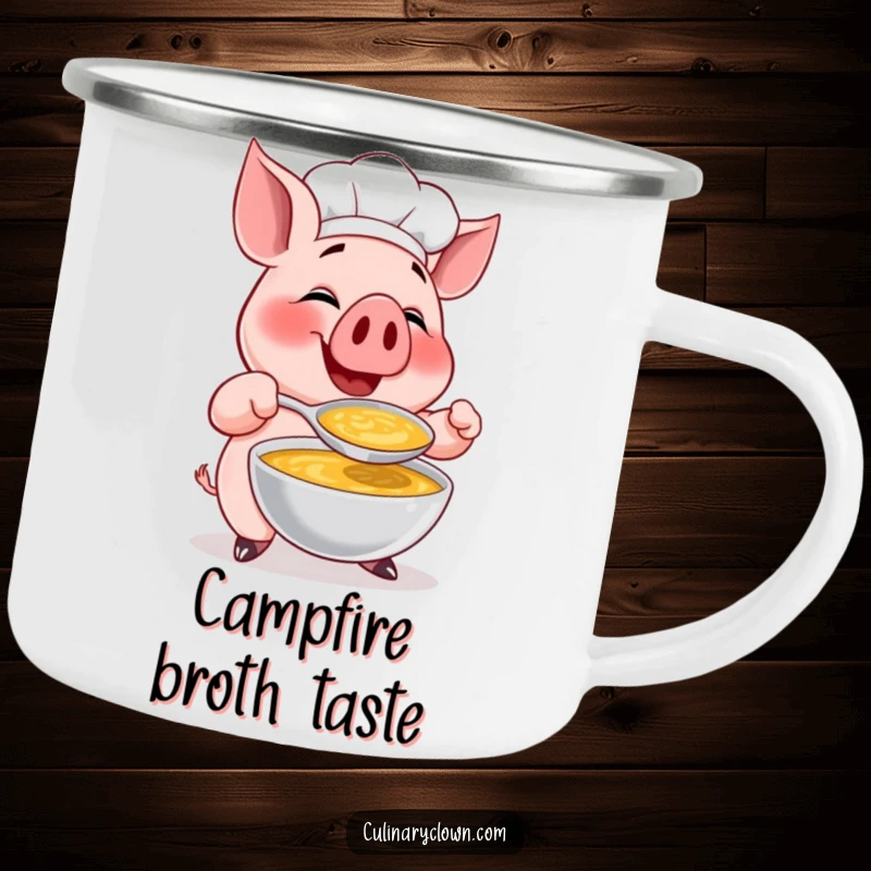 Funny camping mug with a happy pig chef character gleefully tasting soup, perfect for outdoor culinary enjoyment.