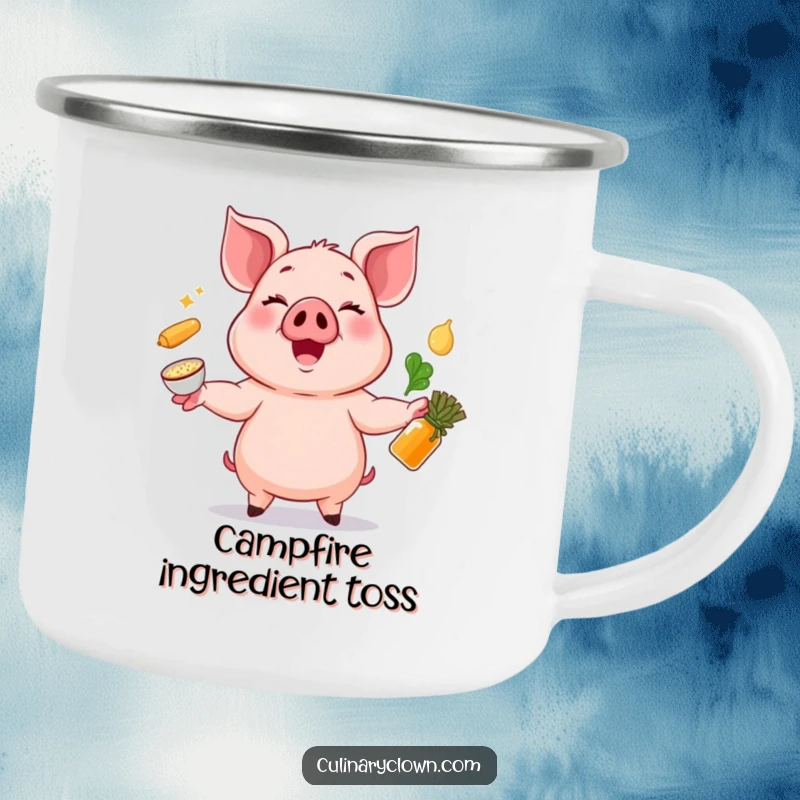 Funny camping mug with a cheerful pig juggling ingredients, perfect for outdoor culinary experiences.