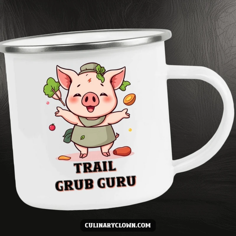 Funny Pig Juggling Ingredients Camping Mug showcasing a cheerful pig juggling food items, designed for durability and laughs.