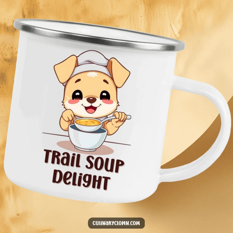 Funny enamel camping mug featuring a gleeful puppy chef happily tasting soup, perfect for enjoying drinks outdoors.