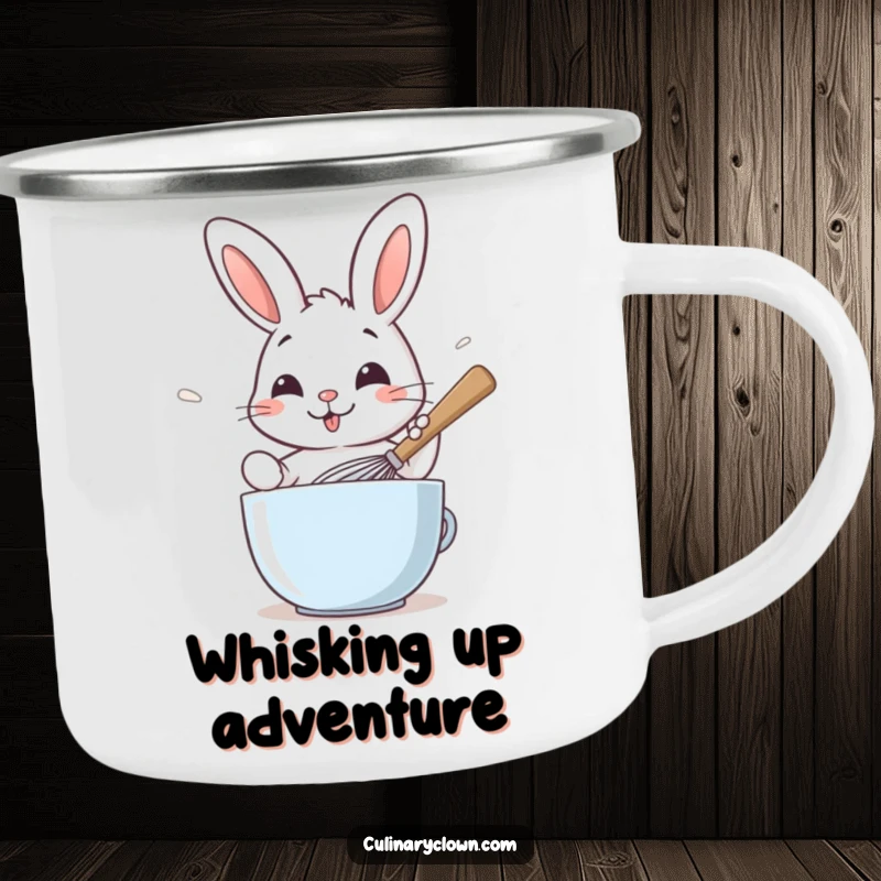 Funny camping mug with a smiling rabbit character whisking batter with a giant spoon, perfect for outdoor baking fans.