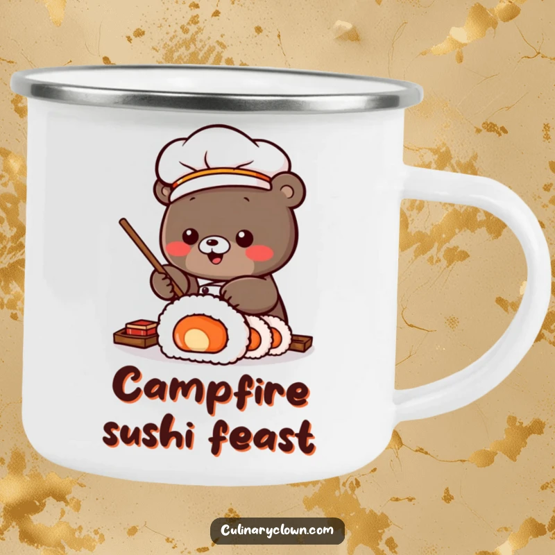 Funny Camping Mug with a Kawaii bear sushi chef character rolling a large sushi roll, designed for cheerful sipping during outdoor adventures.