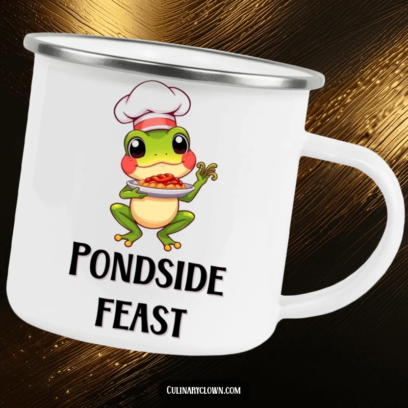 Funny chef frog proudly presenting a dish on a durable camping mug, humorous outdoor gear.