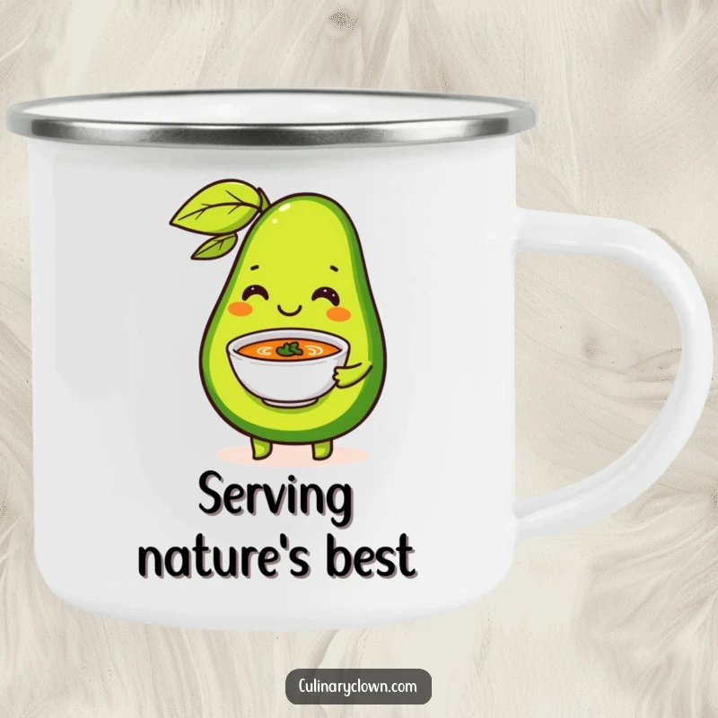 Funny Camping Mug showcasing a happy avocado character serving a tiny soup bowl with flair, designed for healthy outdoor enjoyment.