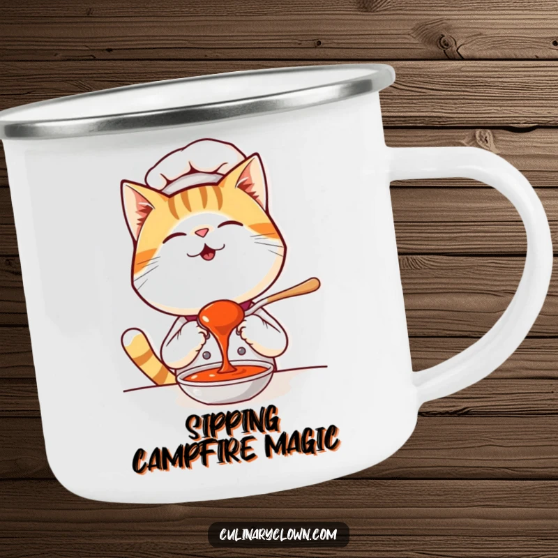 Funny Kawaii Cat Chef Camping Mug: A giggling cat chef illustration on a sturdy mug for delightful campfire moments.