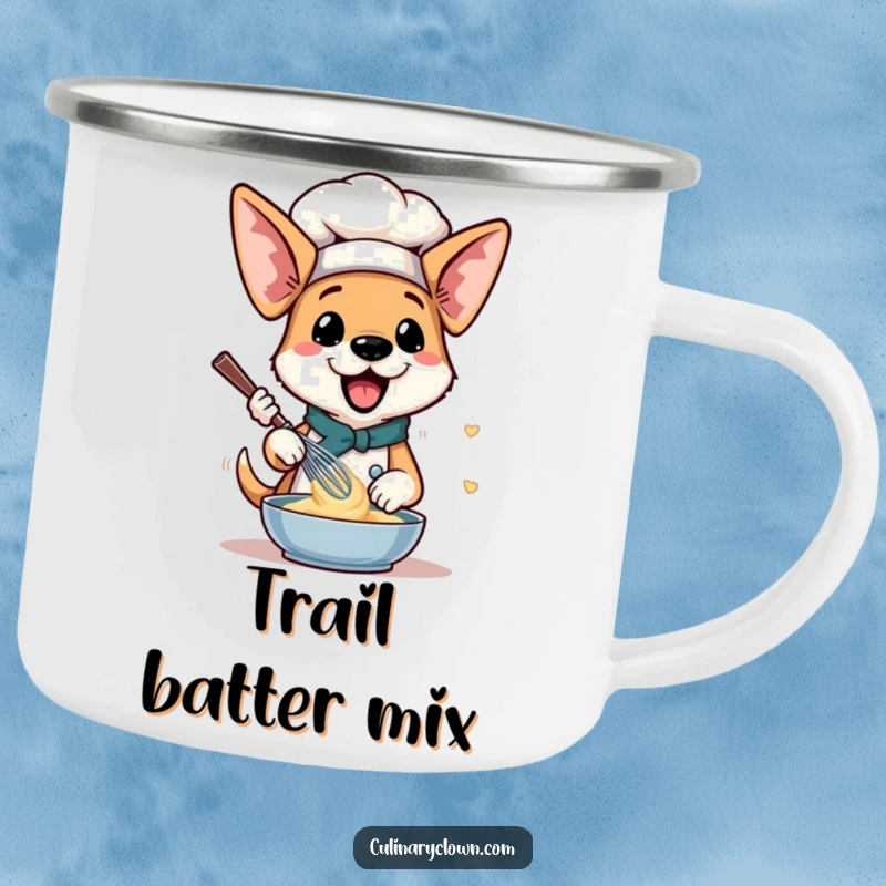 Funny Dog Chef Camping Mug: A dog with floppy ears whisking batter, perfect for outdoor baking lovers.