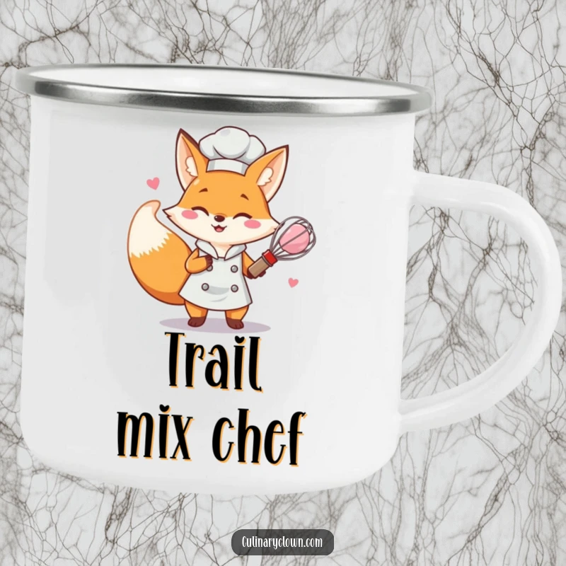 Funny determined fox chef character whisking pink batter on a durable camping mug.