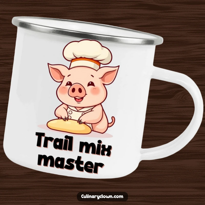 Funny pig chef in a chef hat, kneading dough, on a durable camping mug for outdoor culinary fun and laughter.