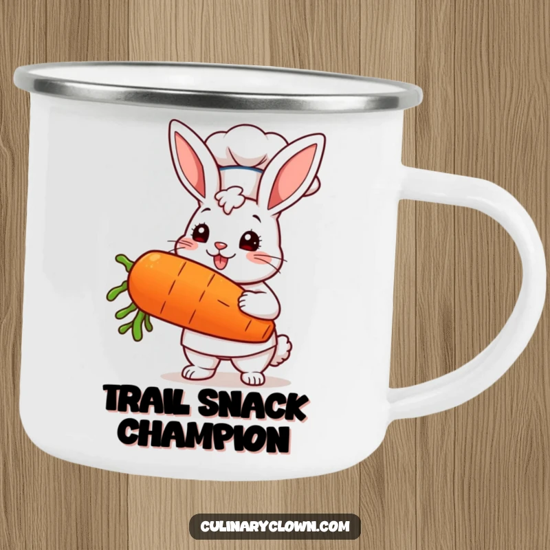 Funny kawaii bunny chef holding a giant carrot, designed for a durable camping mug, ideal for outdoor kitchen adventures.