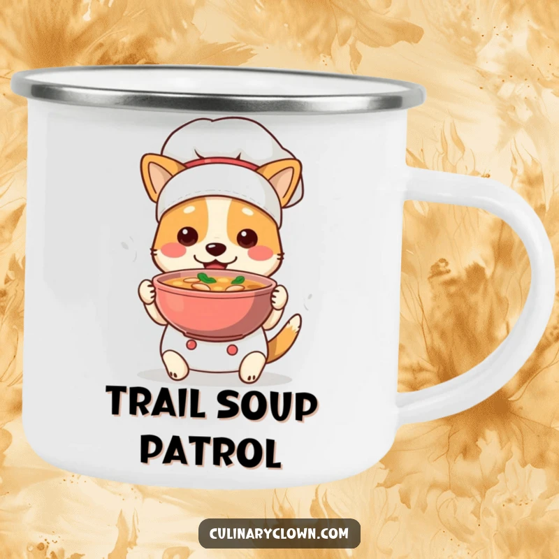Funny Dog Chef Camping Mug: A cute dog chef presents a steaming soup bowl, ideal for outdoor sipping and campfire chats.