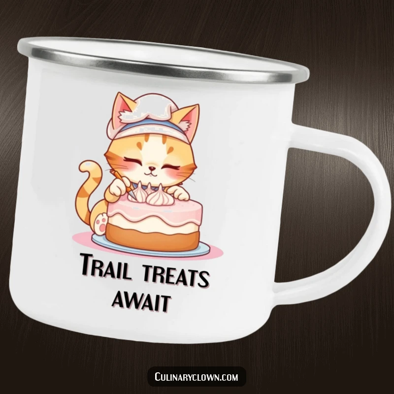 Funny enamel camping mug featuring a mischievous cat chef decorating a cake, perfect for outdoor coffee or tea breaks.