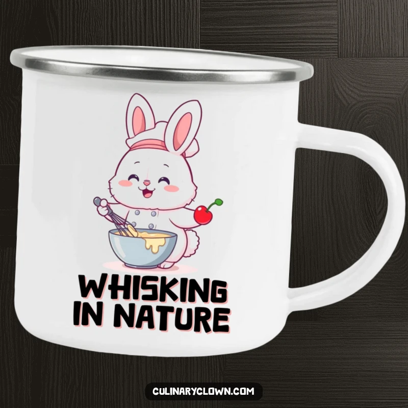 Funny camping mug showing a fluffy bunny chef whisking batter with a cherry, perfect for outdoor baking enthusiasts.