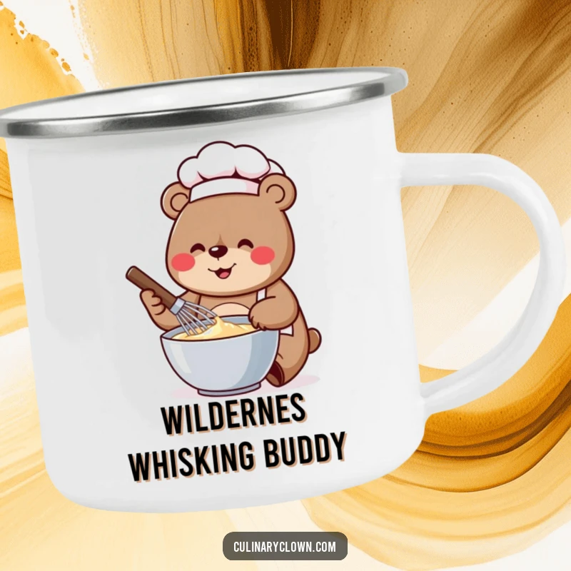 Funny camping mug with a cheerful bear chef whisking batter, perfect for outdoor baking enjoyment.
