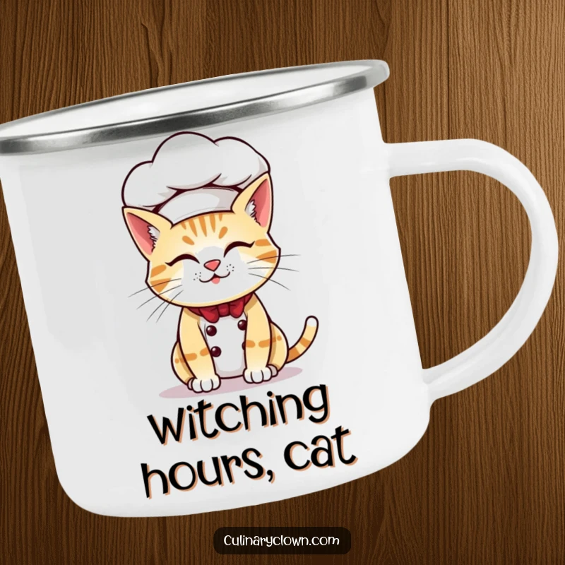 Funny camping mug showing a mischievous cat chef with an oversized chef hat, perfect for outdoor feline fun.
