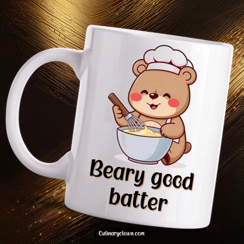 Funny mug shows a happy, plump bear chef enthusiastically whisking batter in a bowl with a large whisk.