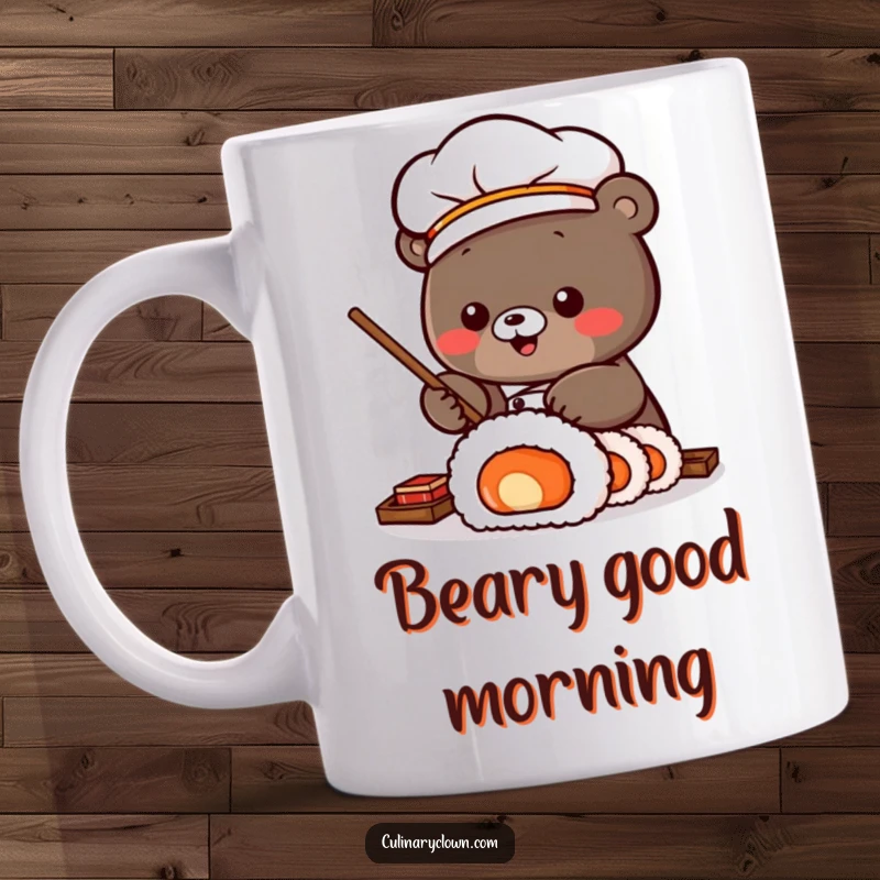 Funny Mug featuring a cute Kawaii bear character as a sushi chef, enthusiastically rolling a giant sushi roll, celebrating Japanese cuisine.