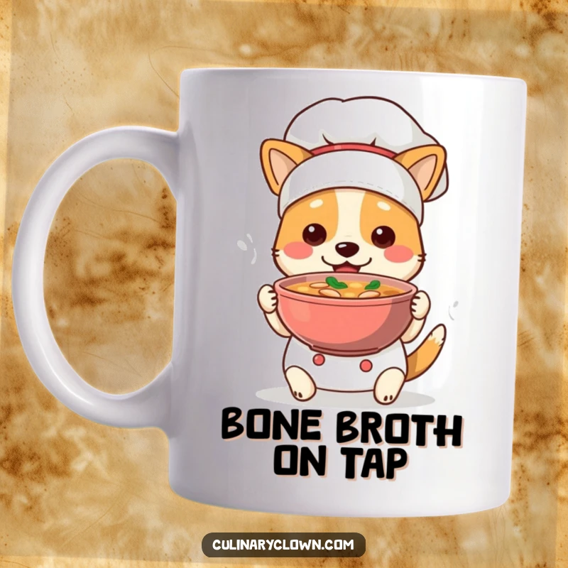 Funny Dog Chef Mug: A happy, proud dog in a chef hat presents a steaming bowl of soup, radiating culinary joy and warmth.