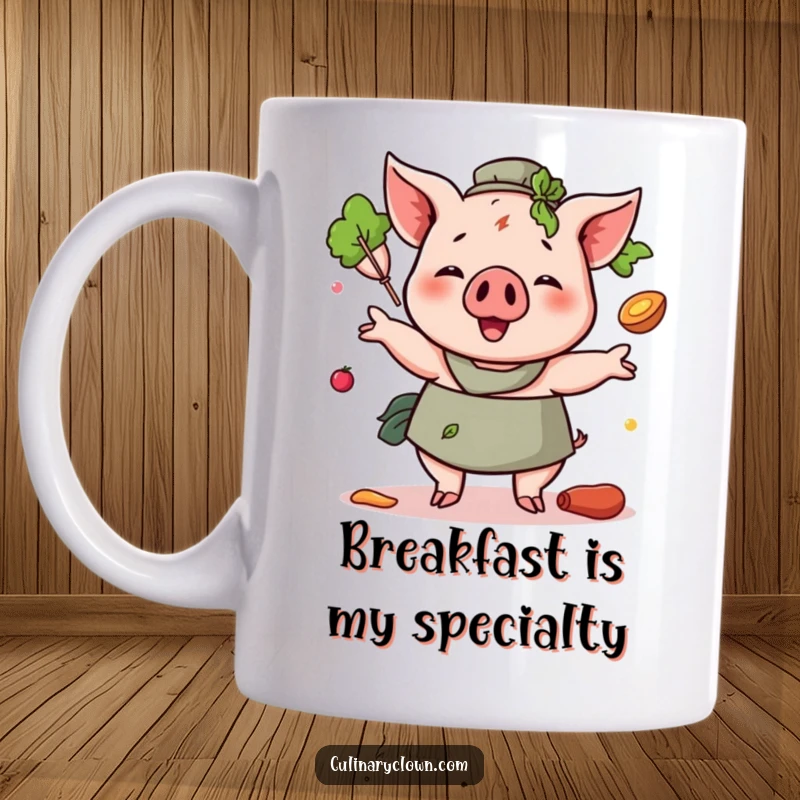 Funny Pig Chef Mug with a cheerful pig character expertly juggling flour, eggs, and a whisk, looking happy in the kitchen.