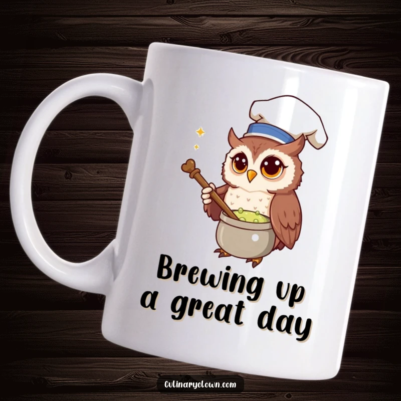 Funny Mug featuring a curious owl chef stirring a bubbling potion with a wooden spoon, embodying magical culinary creation.