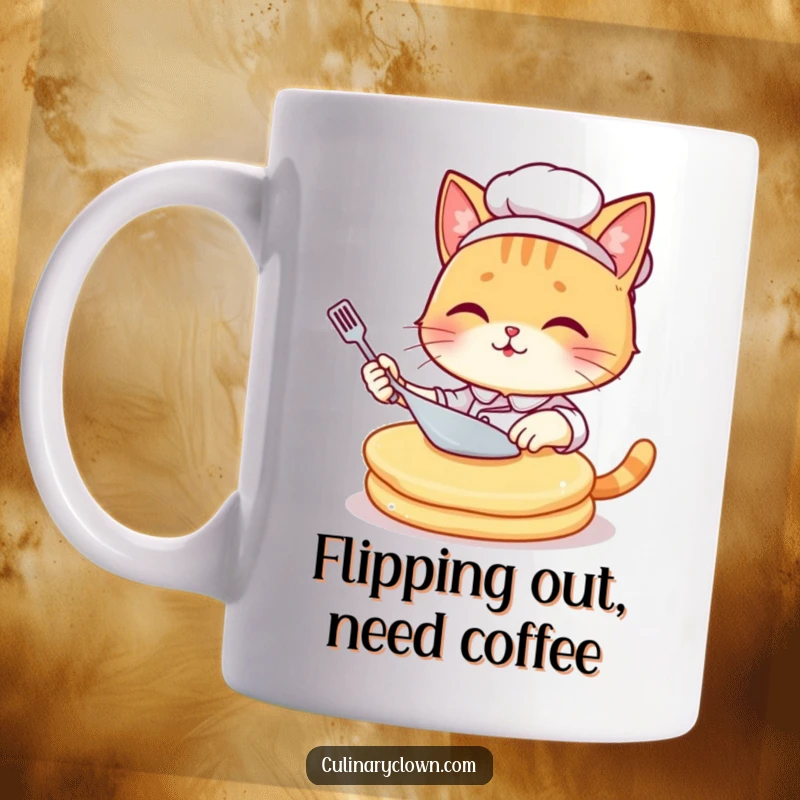Funny kawaii cat chef struggling comically to flip an oversized pancake on a white background, perfect for mug lovers.