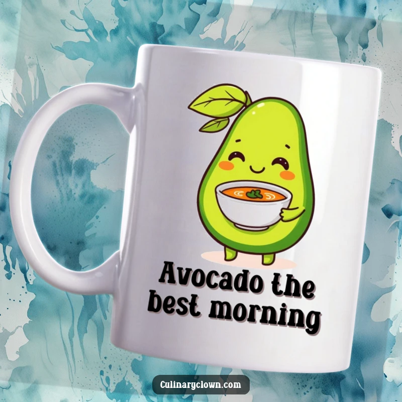 Funny Mug featuring a happy avocado character skillfully serving a tiny bowl of soup with impressive flair and a smile.