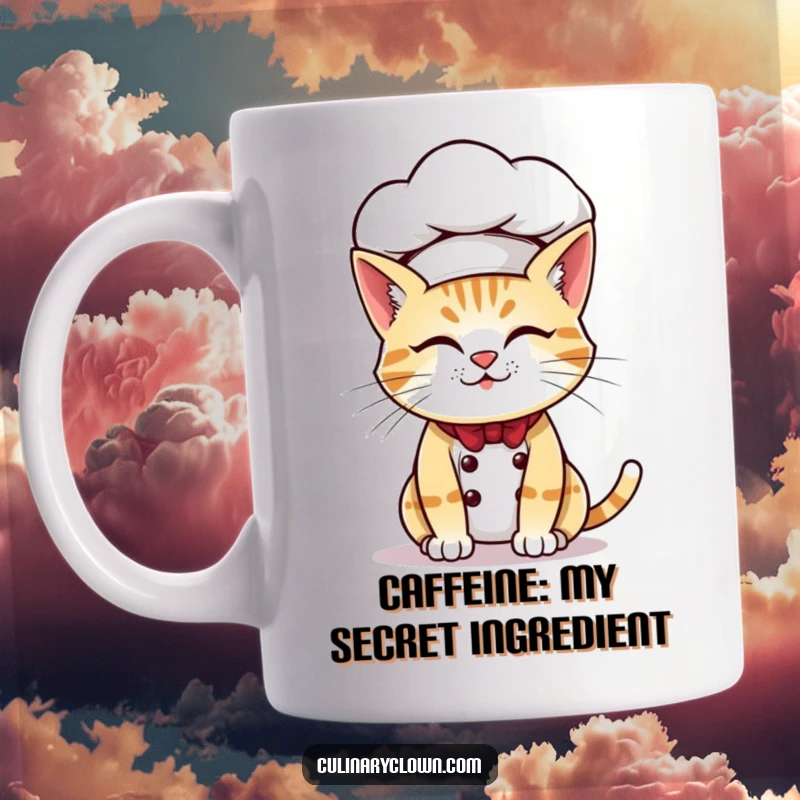 Funny mug featuring a mischievous cat chef struggling to wear a comically oversized chef hat, showcasing baking ambition.