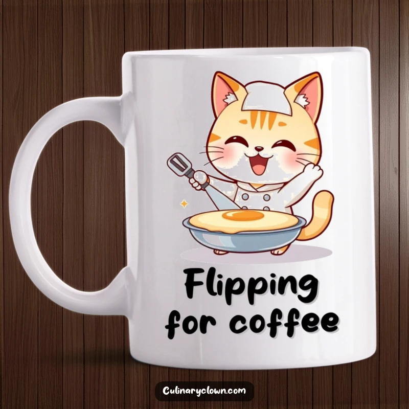 Funny smiling cat chef character enthusiastically attempting to flip a giant pancake, a hilarious funny mug.